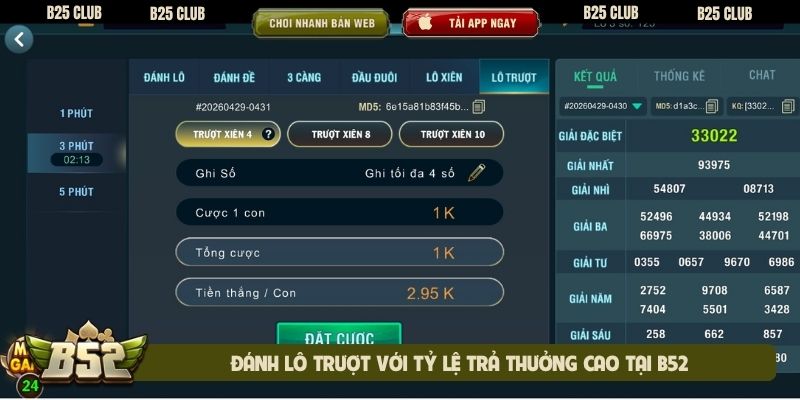 Đánh lô trượt với tỷ lệ trả thưởng cao tại B52